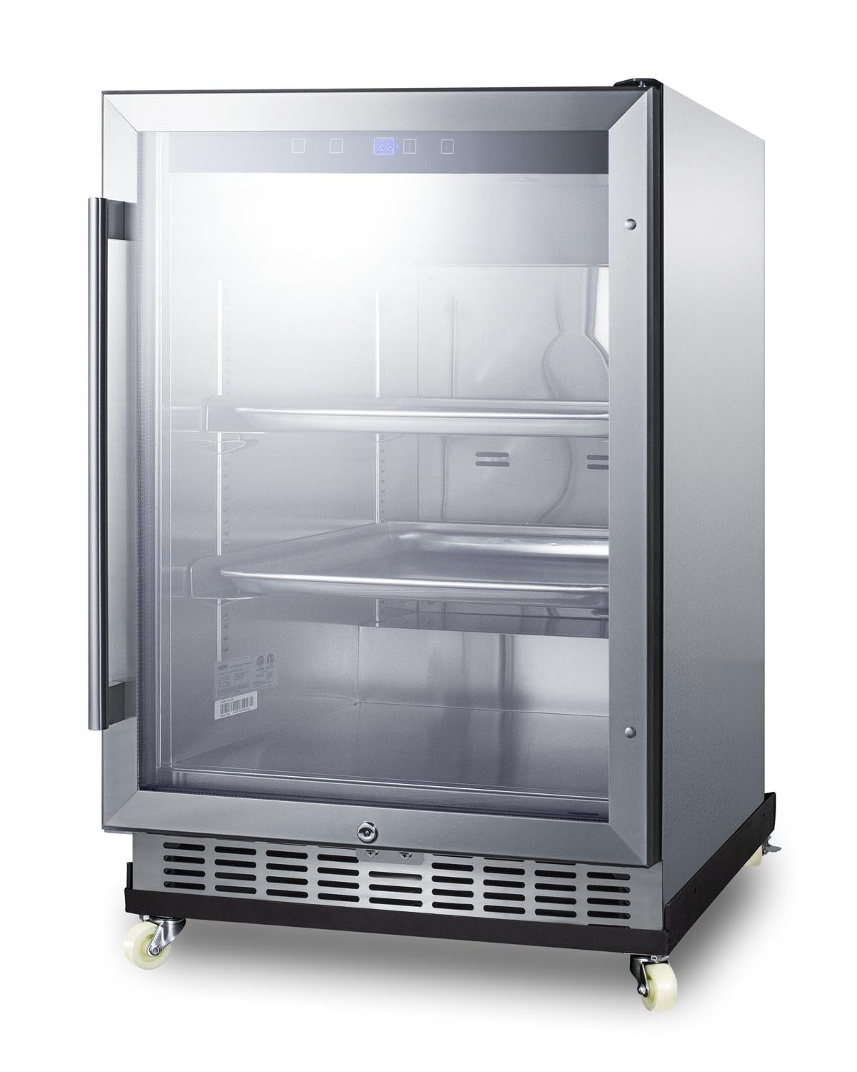 Outdoor mini reach-in commercial glass door beverage center designed for the display and refrigeration of beverages and sealed food, with a stainless steel interior and exterior cabinet, sheet pans and adjustable tray supports, chrome shelves, front lock, and removable dolly